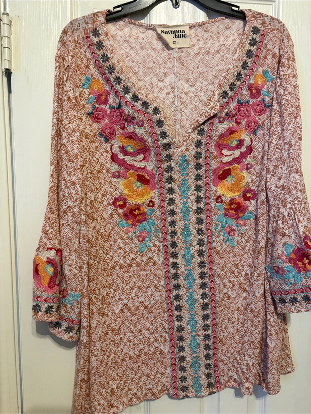 Savanna Jane Pink Floral Embroidered Tunic Top with Multicolor Accents